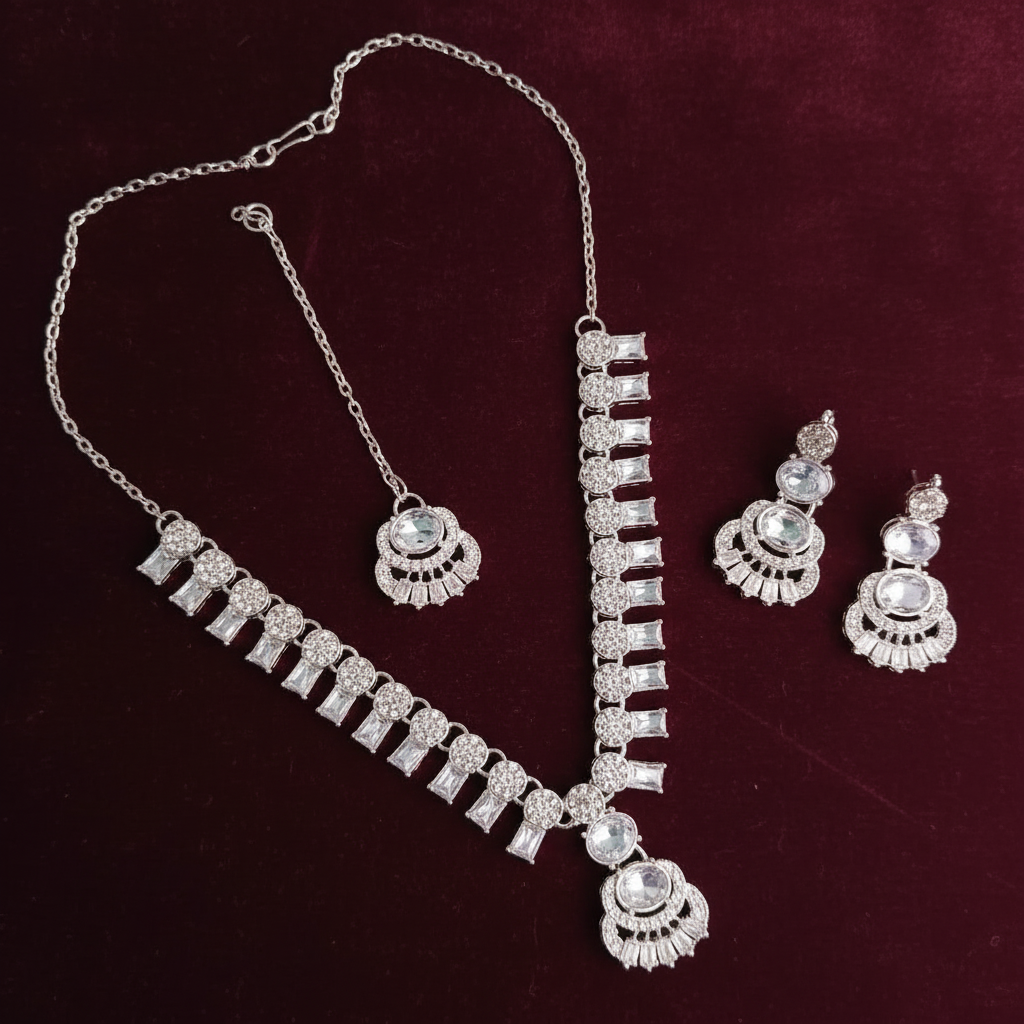 PJ-115 - Zircon Diamonds Mala Silver - Jewelry Set