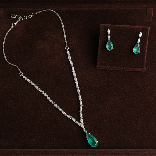 PJ-136 - Turquoise Natural Stone Rain Drop Diamonds Silver - Jewelry Set Of 2