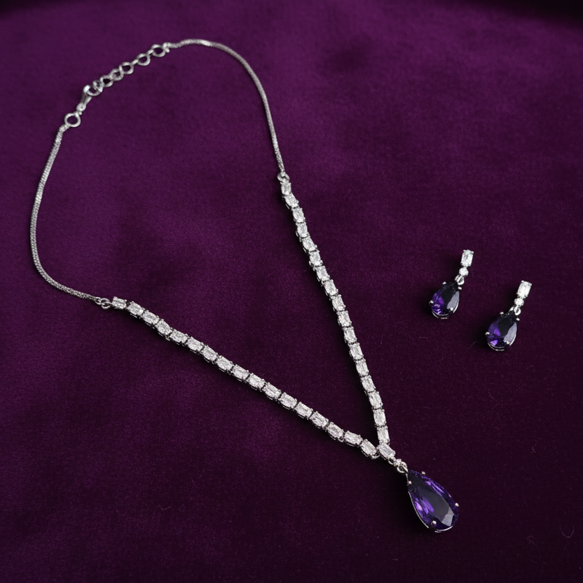 PJ-139 - Crystal Purple Natural Stone Square Diamonds Silver - Jewelry Set Of 2