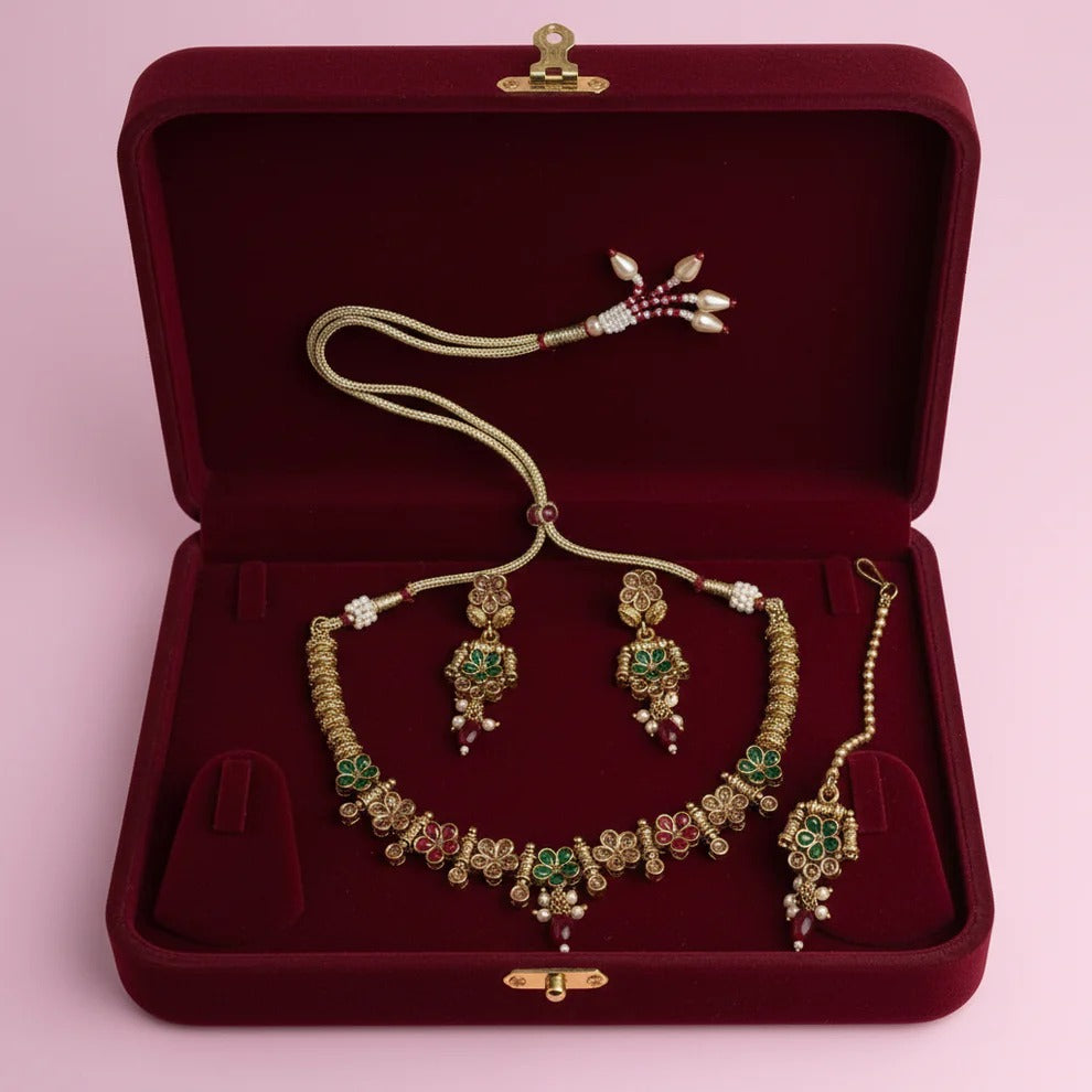 PJ-122 - Premium Gold Pearl & Diamond Flowers Jewelry Set