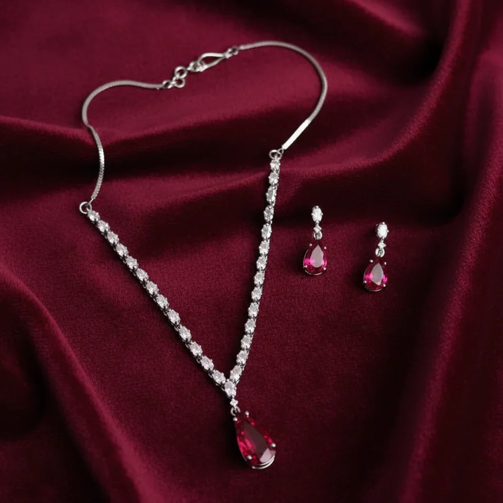 PJ-111 - Maroon Natural Stone Square Diamonds Silver - Jewelry Set Of 2