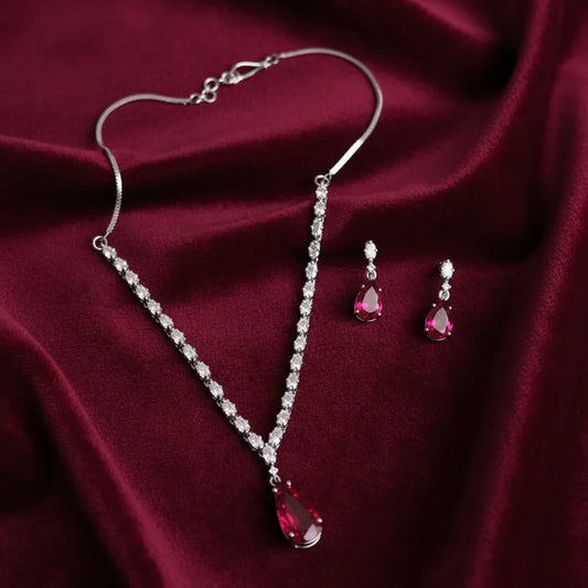 PJ-111 - Maroon Natural Stone Square Diamonds Silver - Jewelry Set Of 2