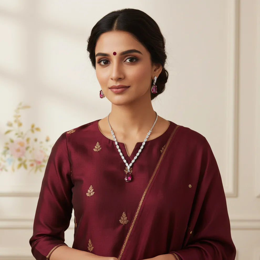 PJ-111 - Maroon Natural Stone Square Diamonds Silver - Jewelry Set Of 2