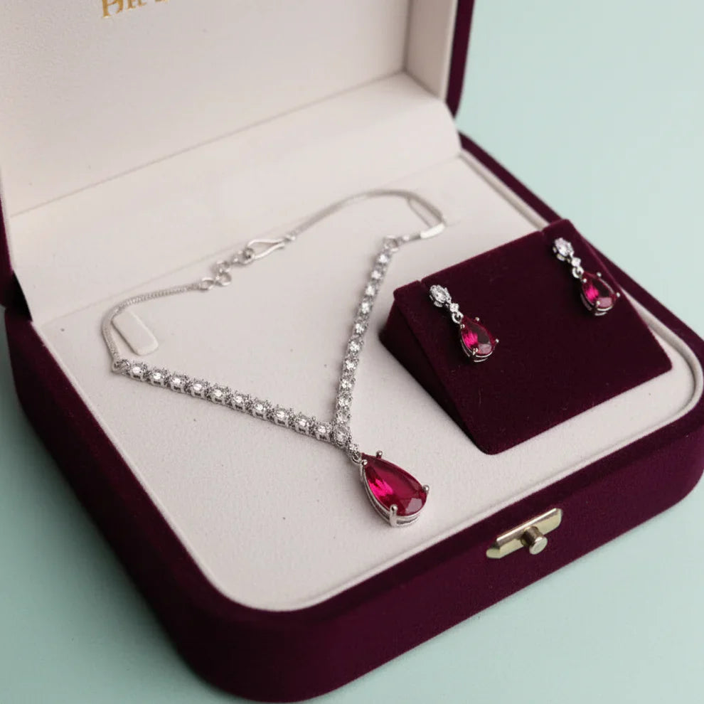 PJ-111 - Maroon Natural Stone Square Diamonds Silver - Jewelry Set Of 2