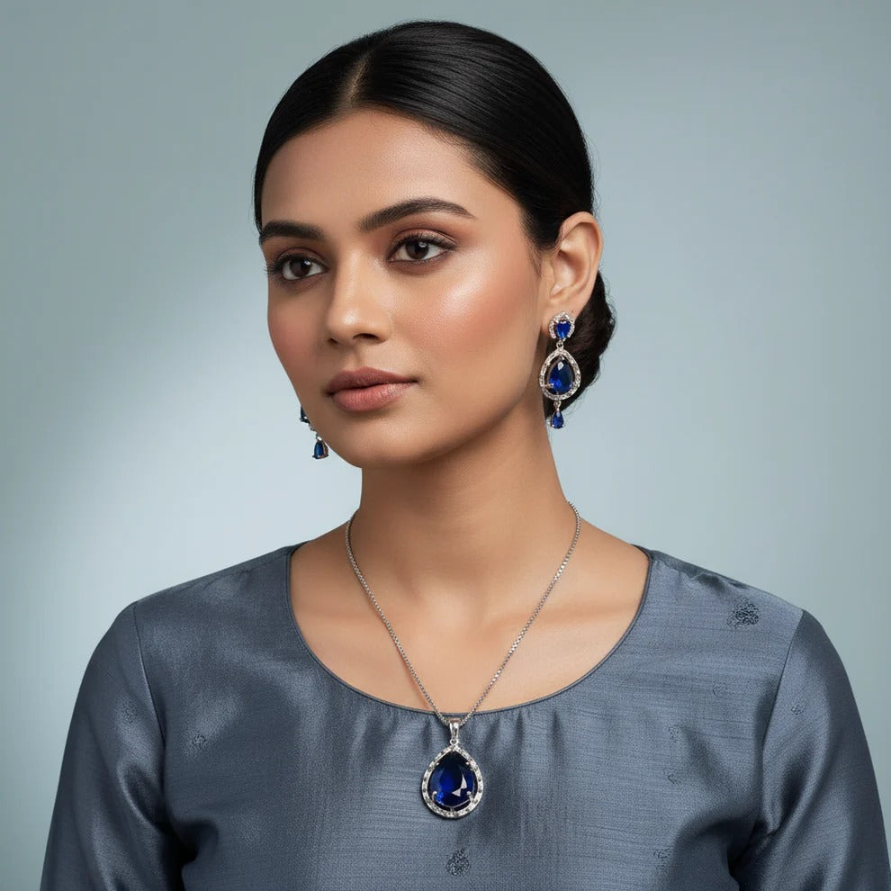 Navy Blue Natural Stone Silver - Jewelry Set