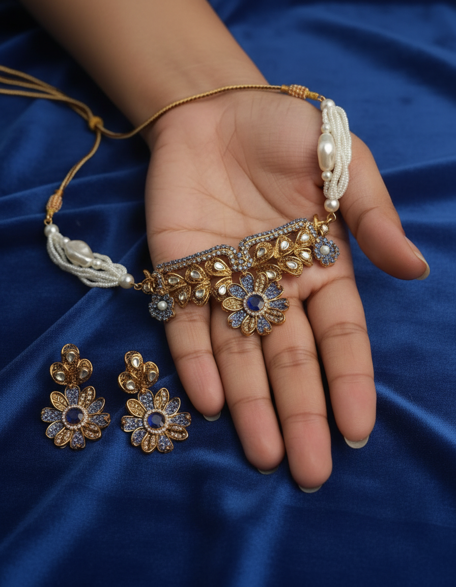 PJ-118 - Blue Diamonds Flower Mala Set