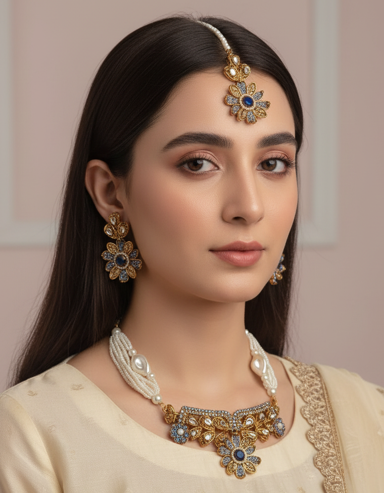 PJ-118 - Blue Diamonds Flower Mala Set