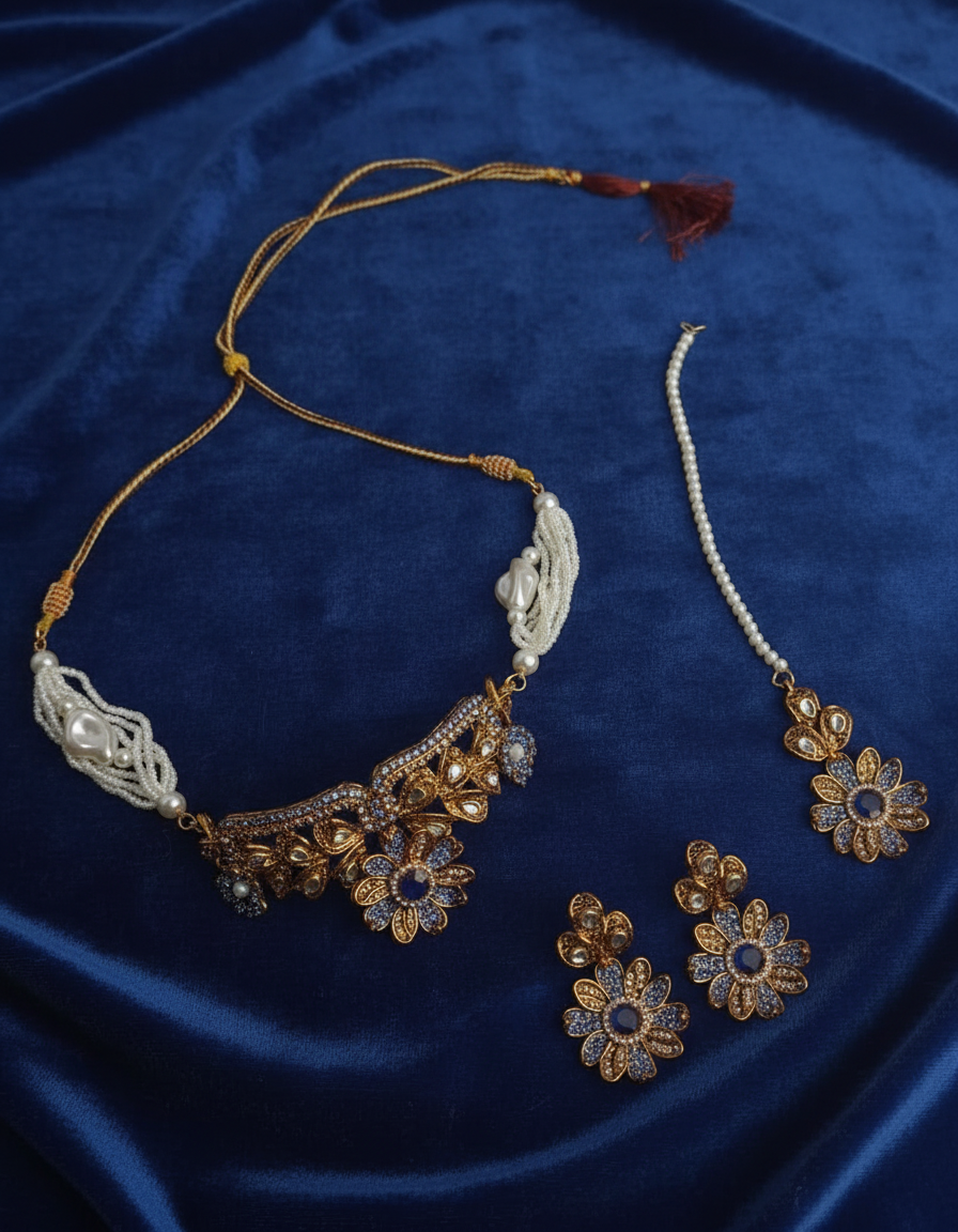 PJ-118 - Blue Diamonds Flower Mala Set