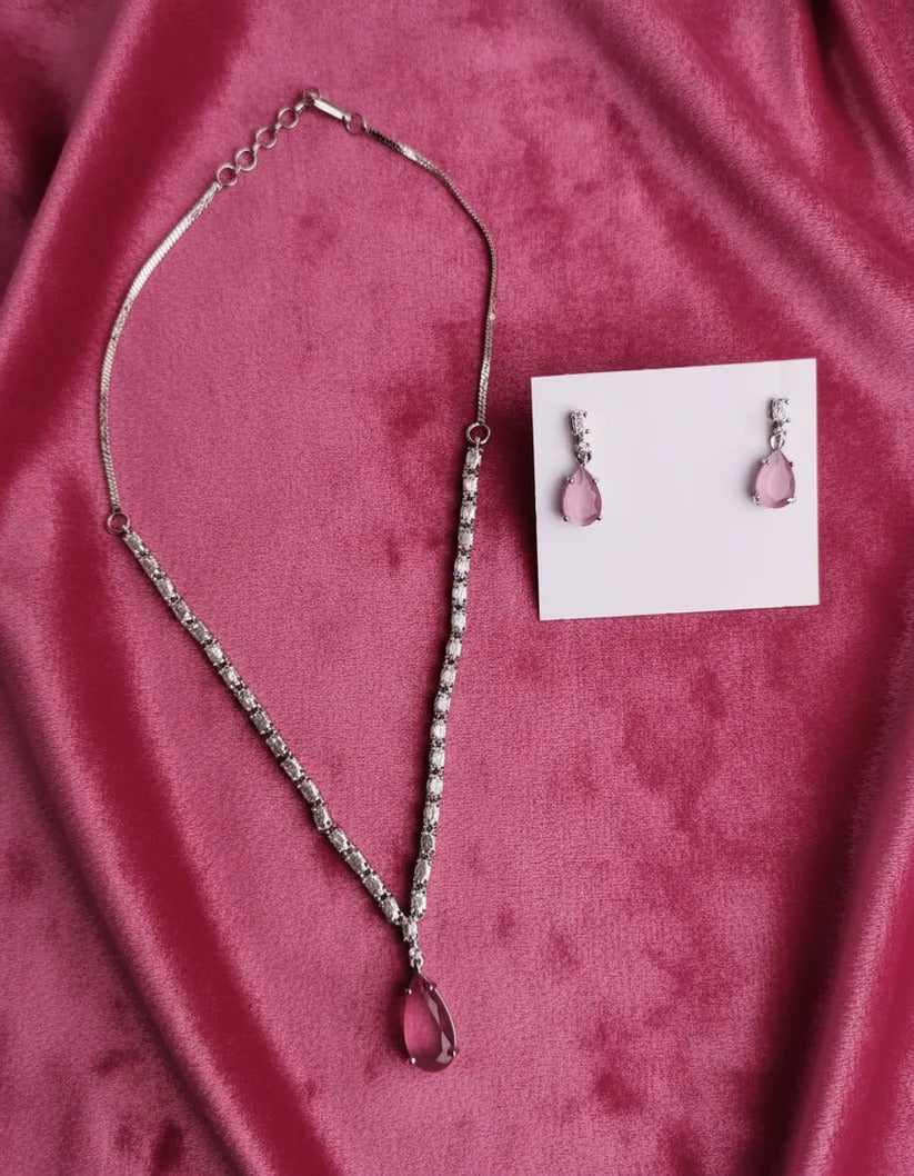 PJ-109 - Matte Pink Natural Stone Square Diamonds Silver - Jewelry Set Of 2