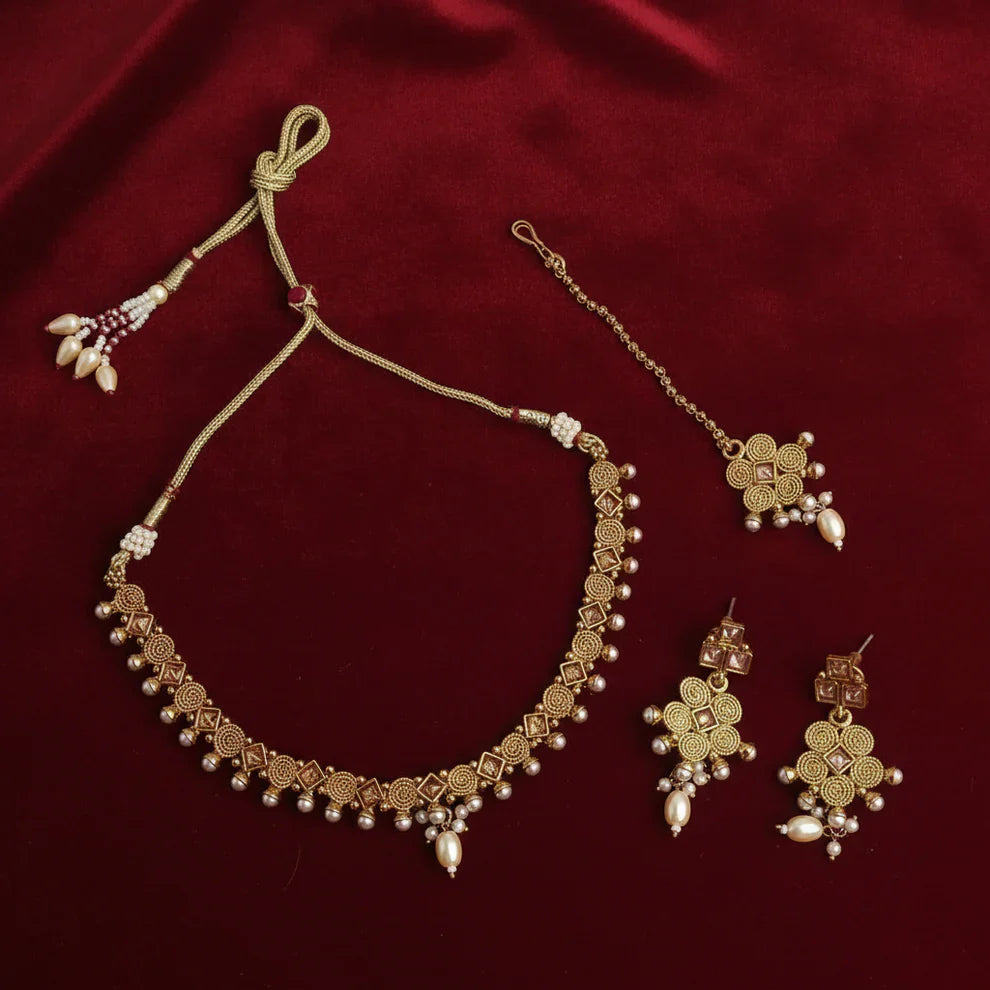 PJ-128 - Premium Gold Pearl Pink Diamonds Flowers - Jewelry Set