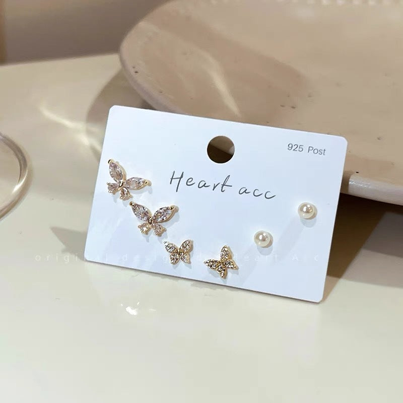 UNI-11976- Pearl & Butterfly Gold - Ear Studs Set Of 6