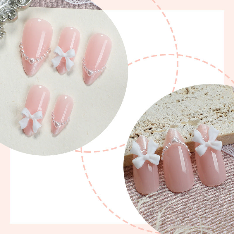 N-203 - Pearl & Bow Shiny - Press On Nail Set Of 24 - Free Nail Kit Included