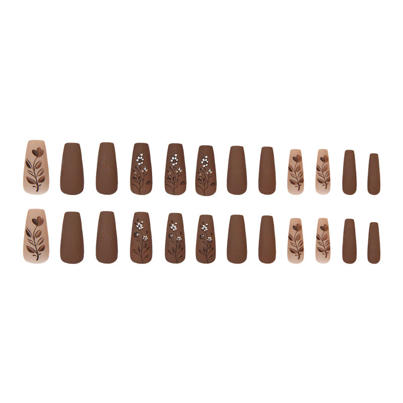 Caramel Chocolate Flower - Press On Nail Set Of 24 - Free 24 Pcs Sticker Sheet Included