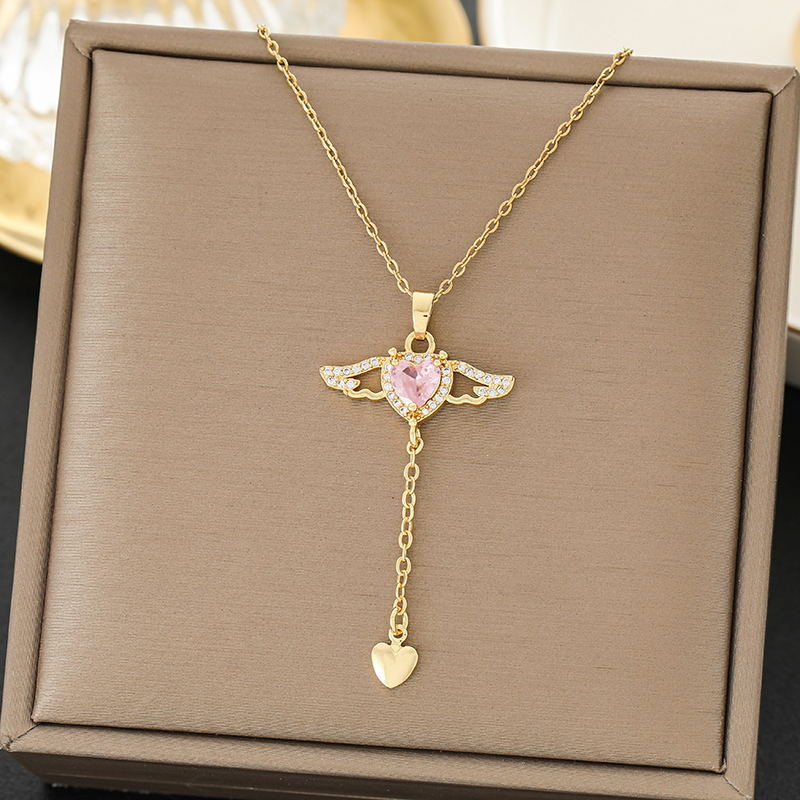 SS-11871 - Pink Diamond Heart Gold - Necklace