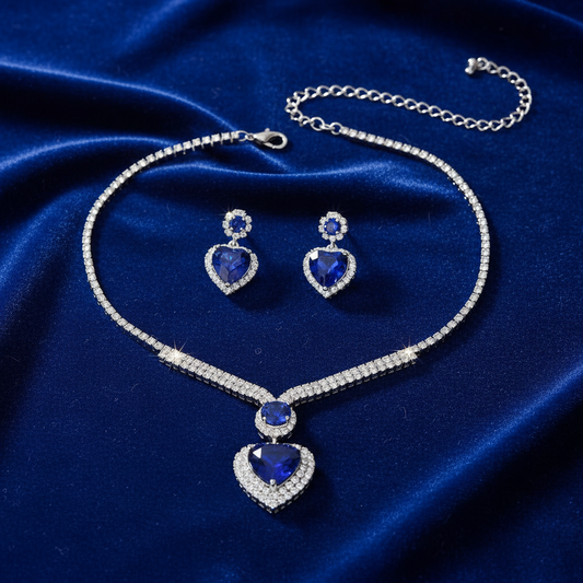 UNI-11948 - Blue Heart Diamonds Silver - Jewelry Set