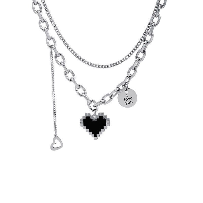 UNI-11963 -Black Heart Double Layer Chain - Necklace