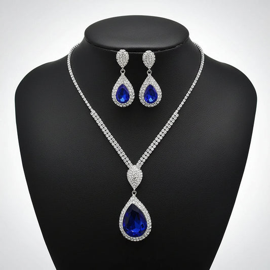 UNI-11937- Teardrop Blue Diamonds Silver - Jewelry Set Of 2