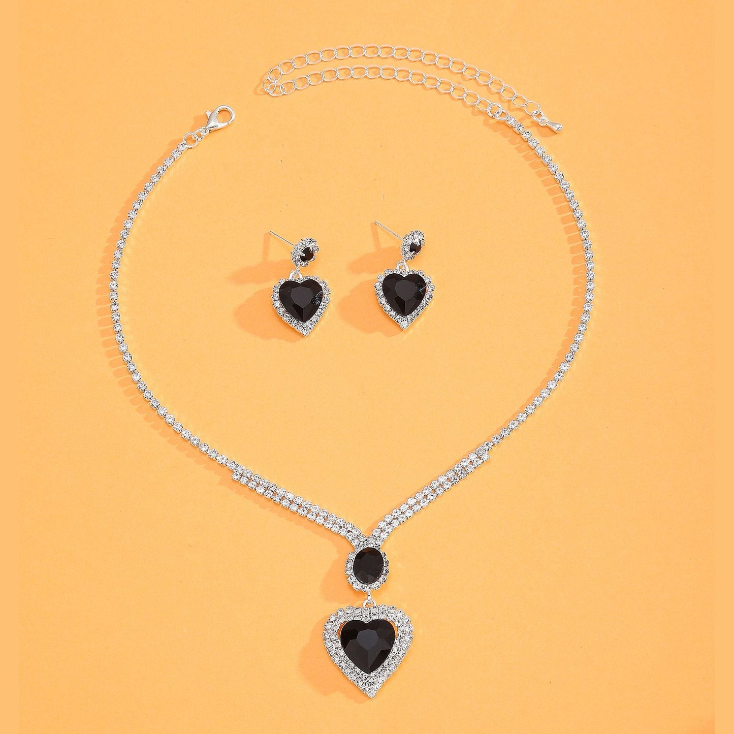 UNI-11945 - Black Heart Diamonds Silver - Jewelry Set