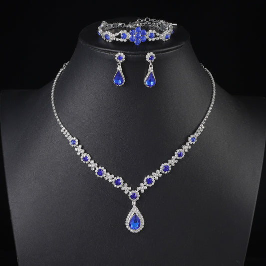 UNI-11938 - Premium Teardrop Blue Diamonds Silver - Jewelry Set Of 3