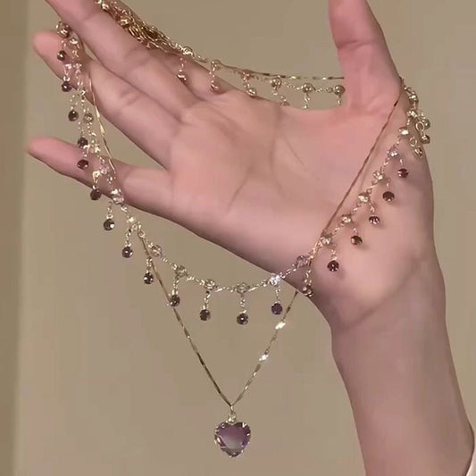 UNI-11983 - Premium Purple Diamonds & Heart Gold - Necklace Set Of 2