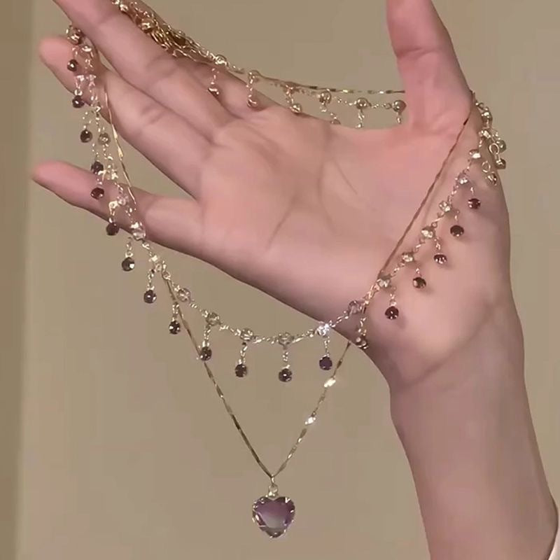 UNI-11983 - Premium Purple Diamonds & Heart Gold - Necklace Set Of 2