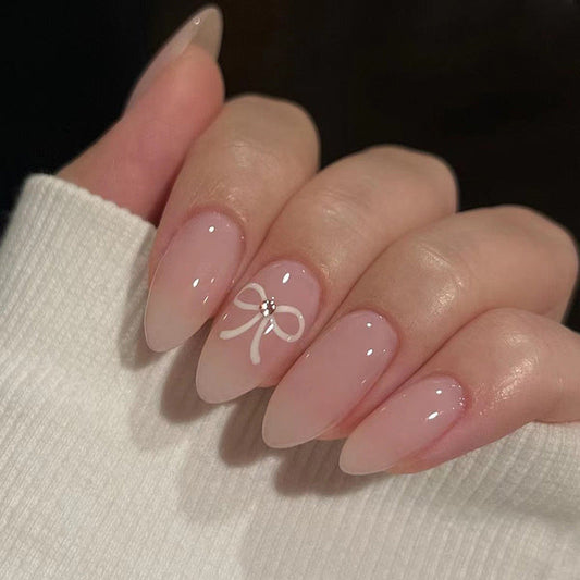 N-280 - Pastel Pink Bow - Press On Nail Set Of 24 - Free 24 Pcs Sticker Sheet Included