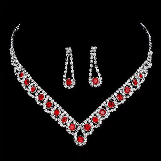 UNI-11935 - Red & Crystal Diamonds Silver - Jewelry Set Of 2