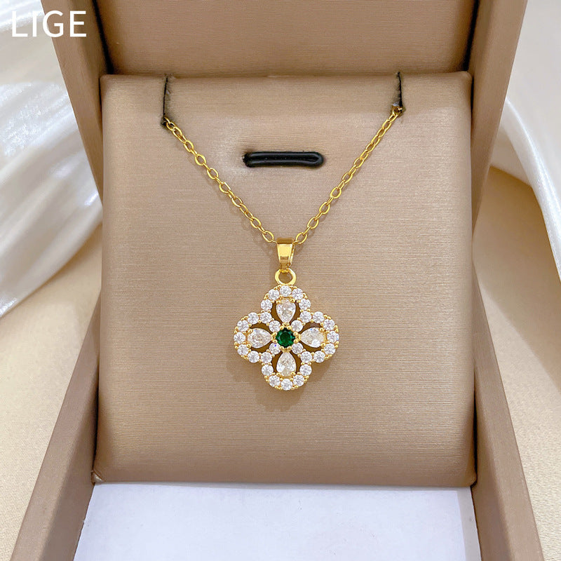 SS-12082 - Emerald Green Gem Flower Gold - Necklace