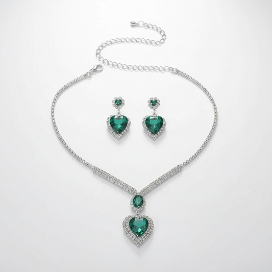 UNI-11946 - Green Heart Diamonds Silver - Jewelry Set