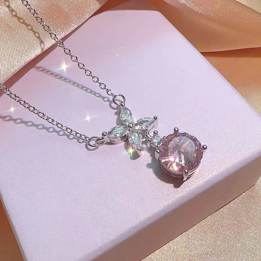 Pink Flower Diamond Silver - Necklace