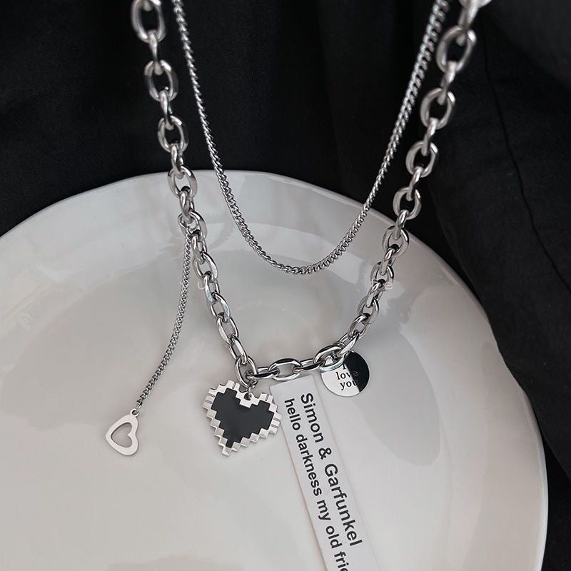 UNI-11963 -Black Heart Double Layer Chain - Necklace