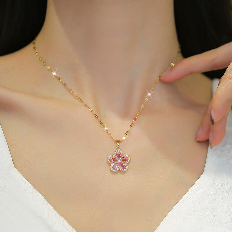 SS-12067 - Luxury Pink Diamond Flower Gold - Necklace