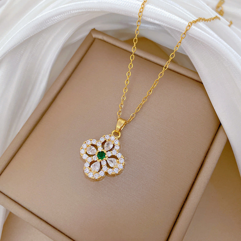 SS-12082 - Emerald Green Gem Flower Gold - Necklace