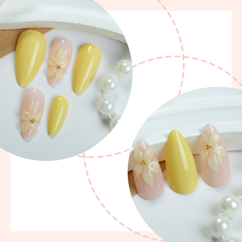 N-201 - Flower & Pale Yellow - Press On Nail Set Of 24 - Free Nail Kit Included