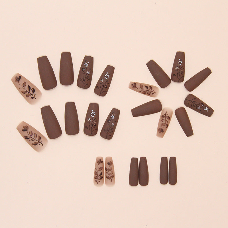 Caramel Chocolate Flower - Press On Nail Set Of 24 - Free 24 Pcs Sticker Sheet Included