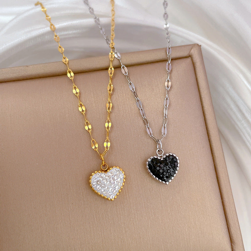SS-12073 - Black & White Diamond Heart Double Side Gold - Necklace