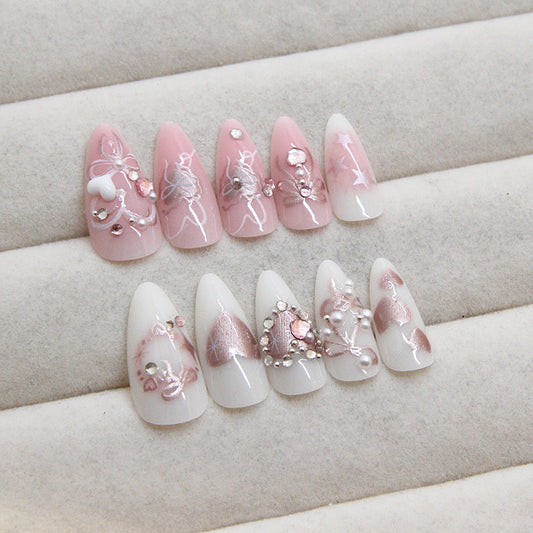 N-276 - Sweet Bow - Press On Nail Set Of 24 - Free 24 Pcs Sticker Sheet Included