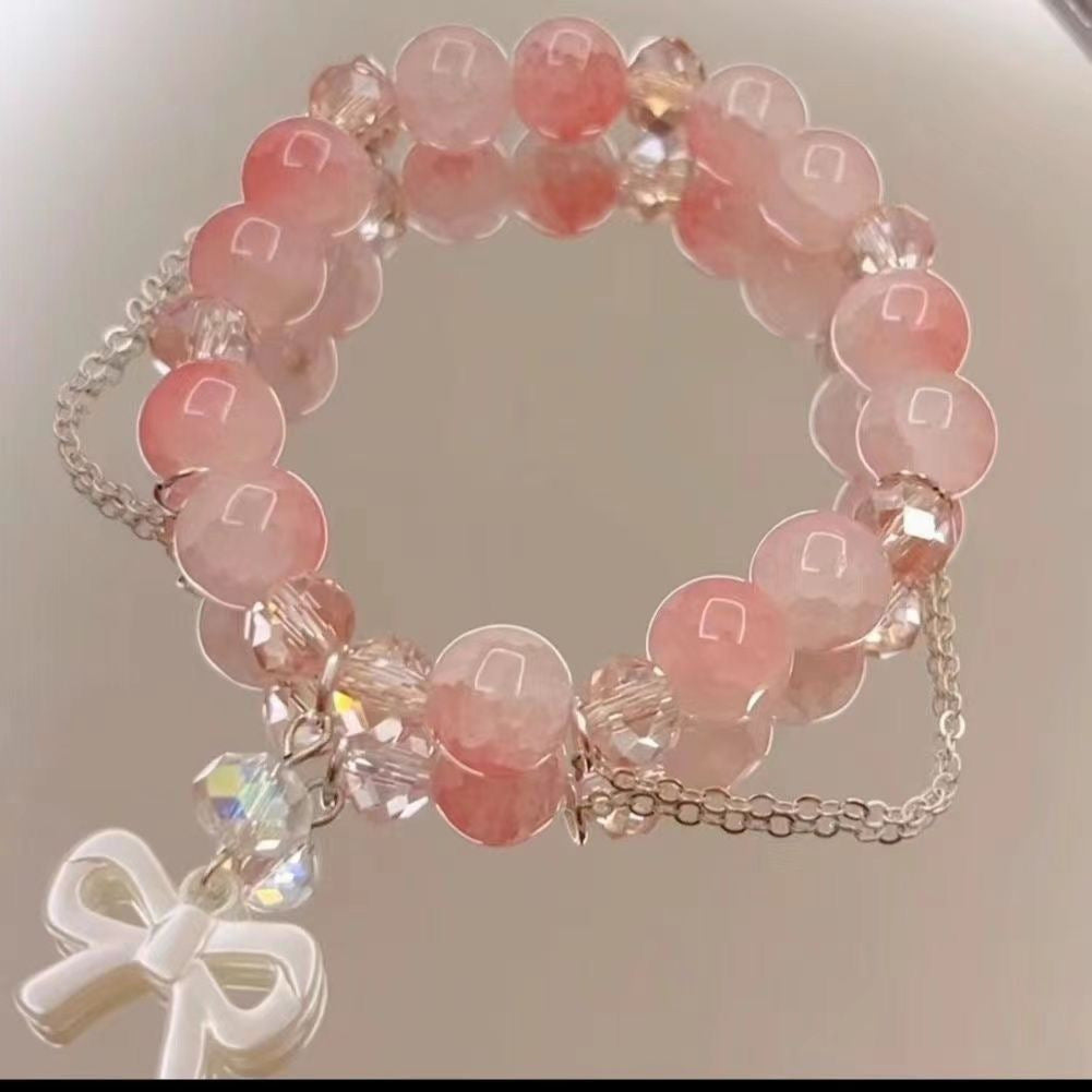 UNI-11993 -Pink Pastel Bow Beaded Stone - Bracelet