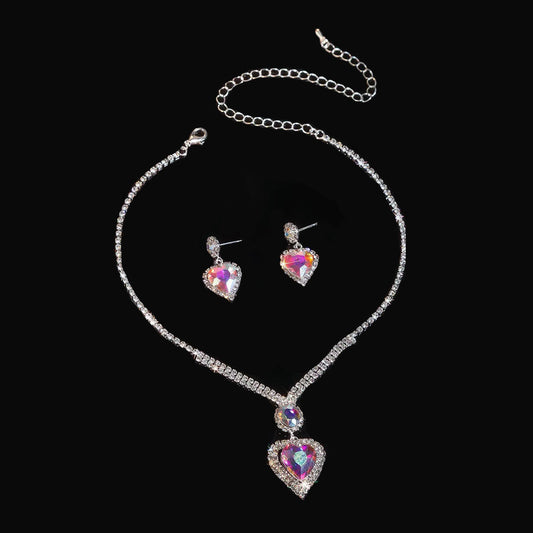 UNI-11950 - Crystal Rainbow Heart Diamonds Silver - Jewelry Set