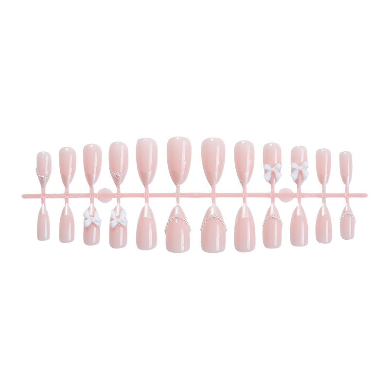 N-203 - Pearl & Bow Shiny - Press On Nail Set Of 24 - Free Nail Kit Included