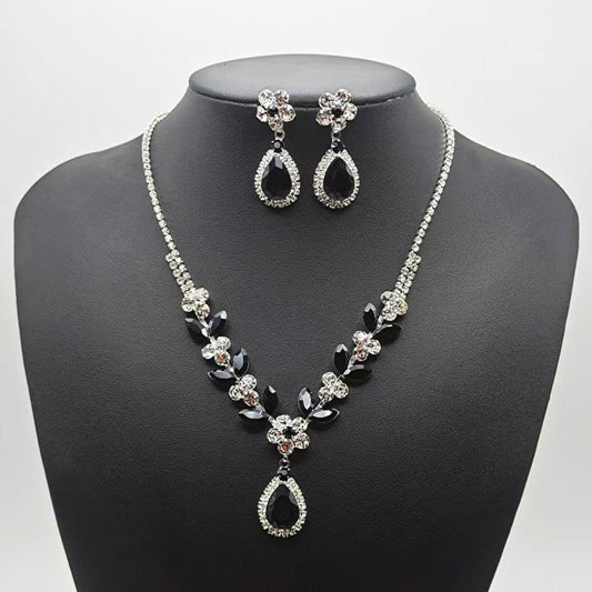 UNI-11952 - Black Diamond Leaves Silver - Jewelry Set