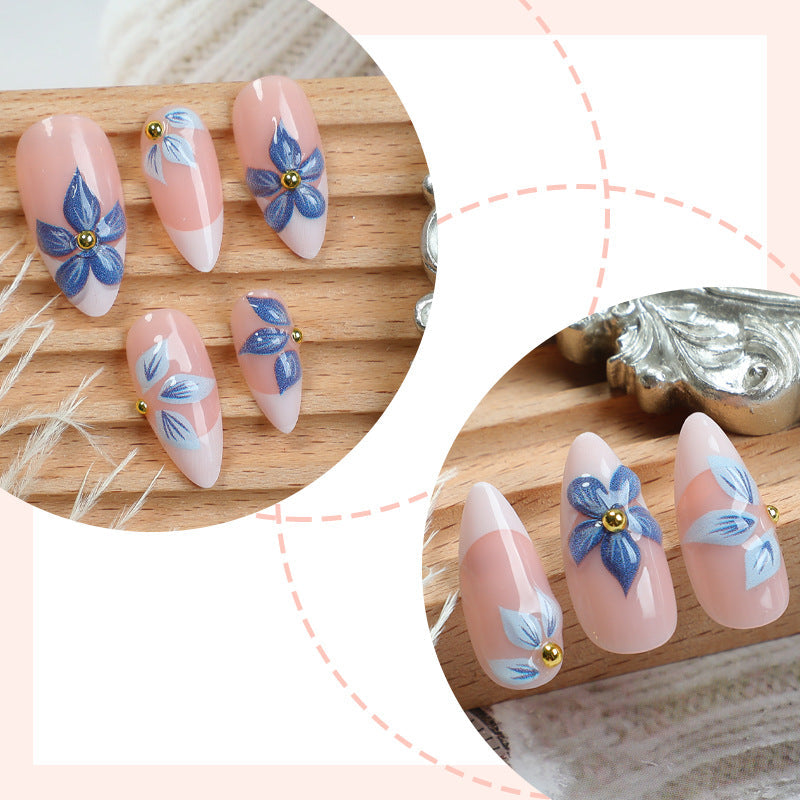 N-205 - Watercolor Blue Foiled Flowers - Press On Nail Set Of 24 - Free Nail Kit Included