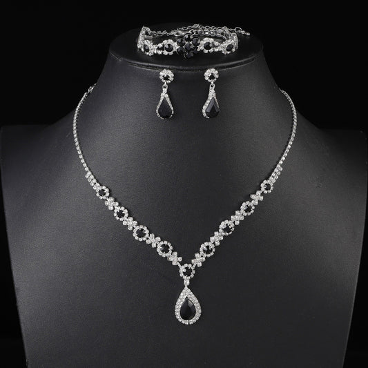 UNI-11940- Premium Teardrop Black Diamonds Silver - Jewelry Set Of 3