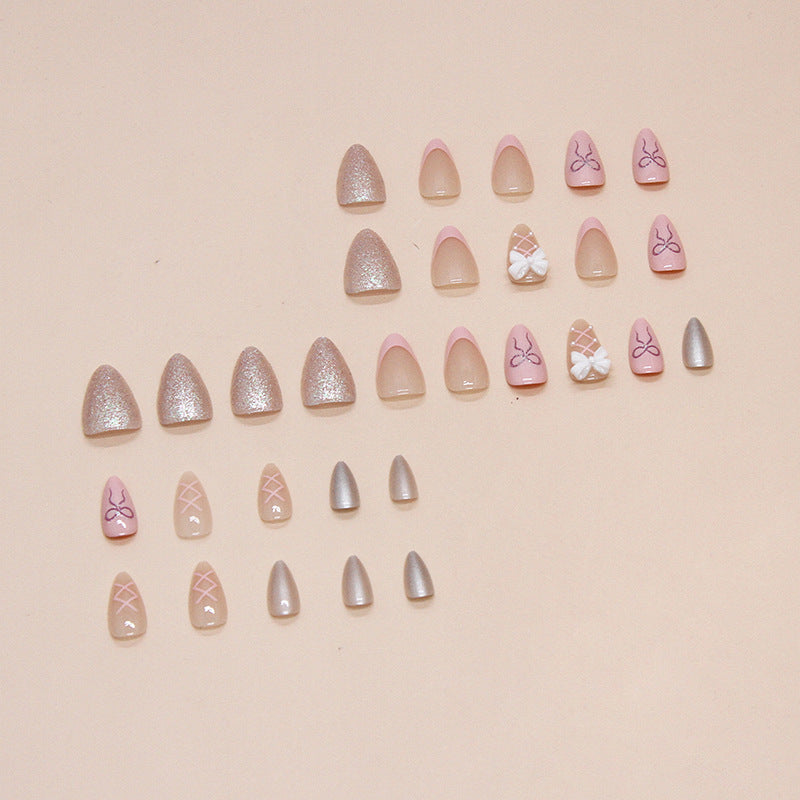N-258 - Pastel Pink Bow - Press On Nail Set Of 24 - Free 24 Pcs Sticker Sheet Included