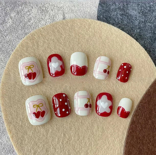 N-260 -Polka Heart & Flower - Press On Nail Set Of 24 - Free 24 Pcs Sticker Sheet Included