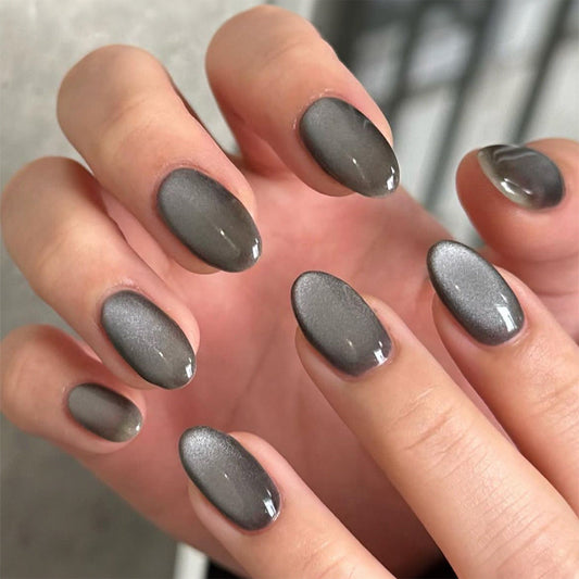 N-211 - Grey Shiny - Press On Nail Set Of 24 - Free Nail Kit Included