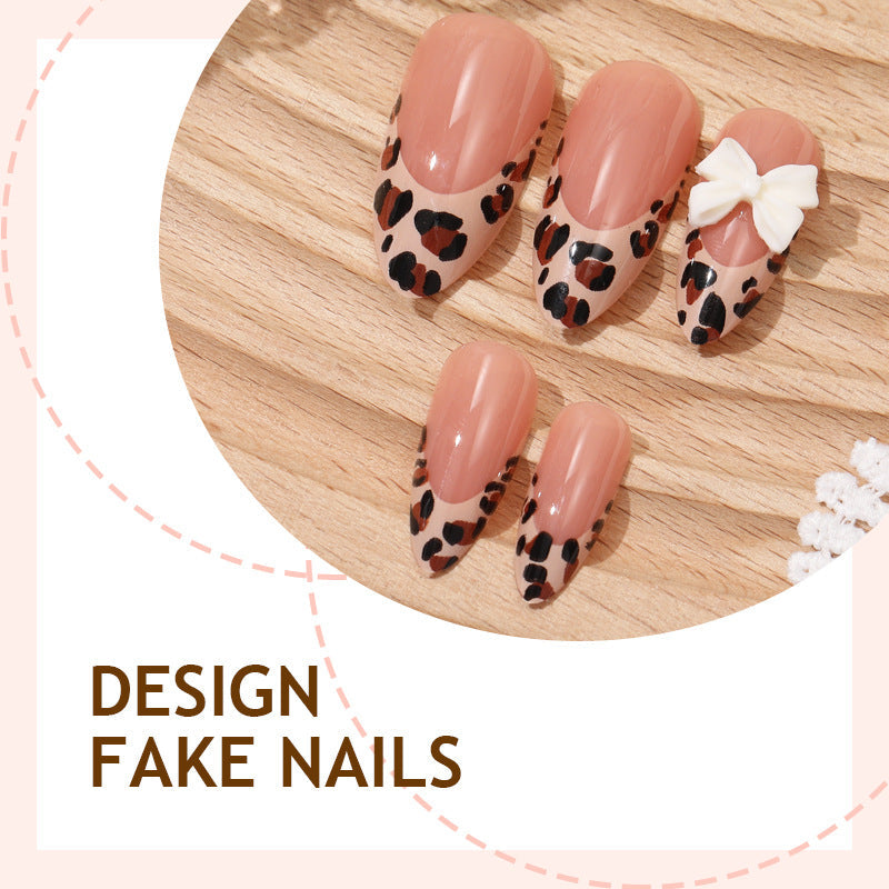 N-197 - Bow & Leopard Print - Press On Nail Set Of 24 - Free Nail Kit Included