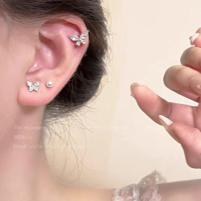 UNI-11975- Pearl & Butterfly Silver - Ear Studs Set Of 6