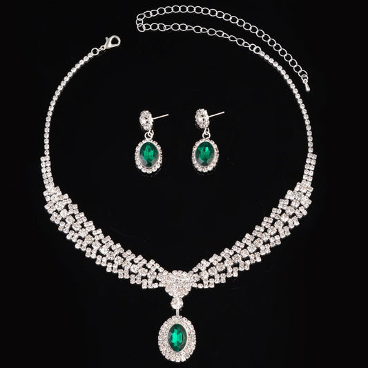 UNI-11942 - Premium Green & White Diamonds Silver - Jewelry Set