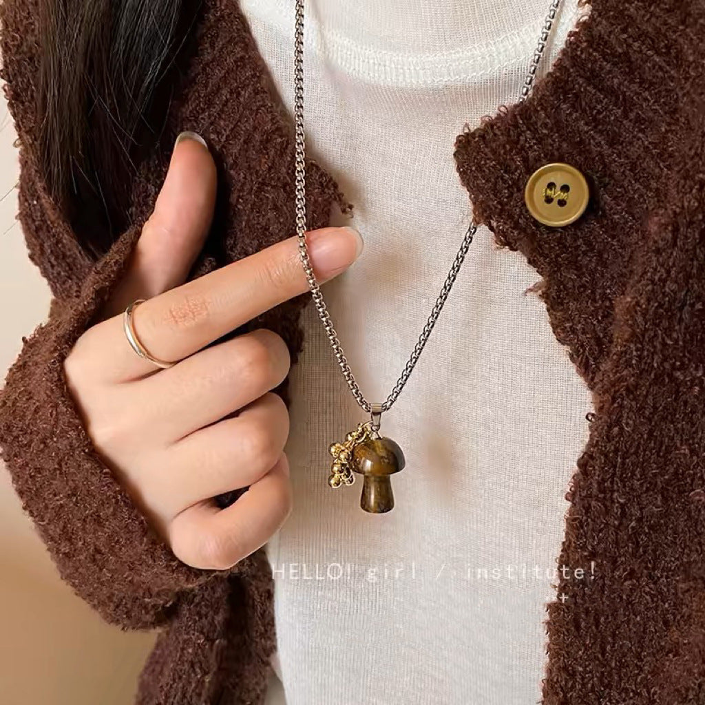 UNI-11980 - Titanium steel Natural Stone Mushroom - Necklace